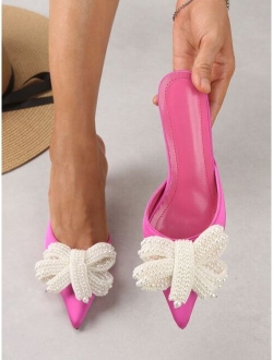 Women White Faux Pearl Bow Decor Pumps Point Toe Stiletto Heel Mule Pumps