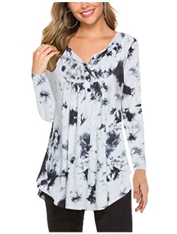 Women's Paisley Printed Long Sleeve Henley V Neck Pleated Casual Flare Tunic Blouse Shirt