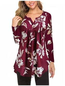 Women's Paisley Printed Long Sleeve Henley V Neck Pleated Casual Flare Tunic Blouse Shirt