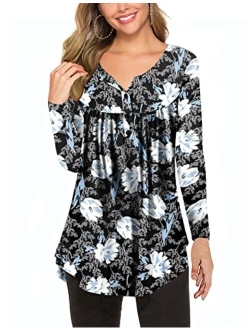 Women's Paisley Printed Long Sleeve Henley V Neck Pleated Casual Flare Tunic Blouse Shirt