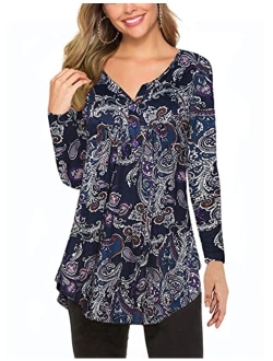 Women's Paisley Printed Long Sleeve Henley V Neck Pleated Casual Flare Tunic Blouse Shirt