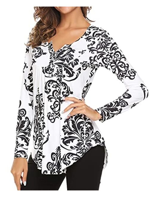 Women's Paisley Printed Long Sleeve Henley V Neck Pleated Casual Flare Tunic Blouse Shirt
