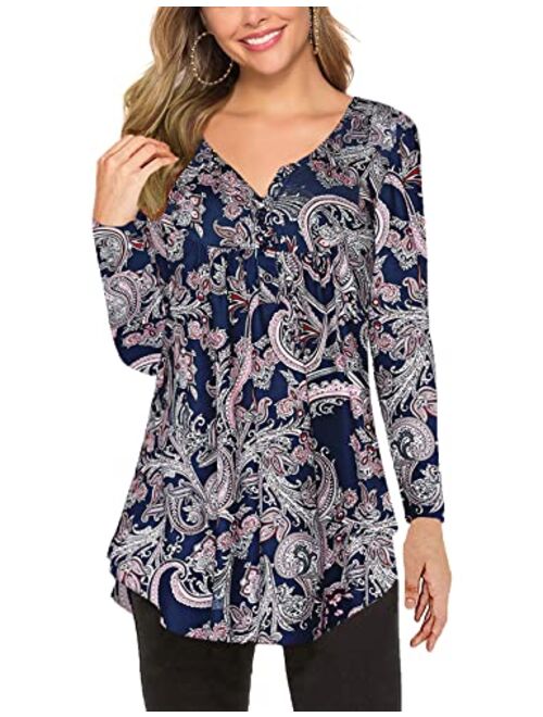 Women's Paisley Printed Long Sleeve Henley V Neck Pleated Casual Flare Tunic Blouse Shirt