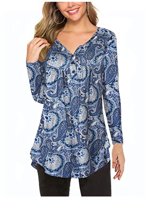 Women's Paisley Printed Long Sleeve Henley V Neck Pleated Casual Flare Tunic Blouse Shirt