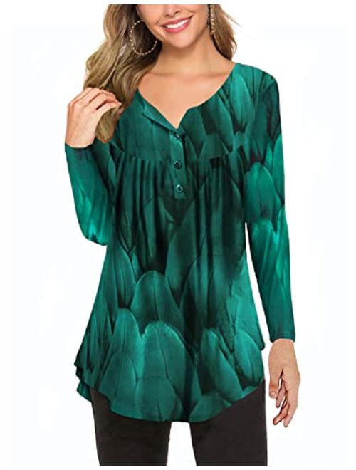 Women's Paisley Printed Long Sleeve Henley V Neck Pleated Casual Flare Tunic Blouse Shirt