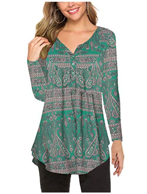 Women's Paisley Printed Long Sleeve Henley V Neck Pleated Casual Flare Tunic Blouse Shirt