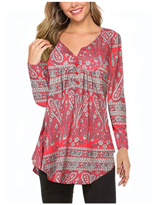 Women's Paisley Printed Long Sleeve Henley V Neck Pleated Casual Flare Tunic Blouse Shirt