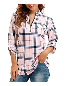 Stjubileens St. Jubileens Women Roll-Up 3/4 Sleeve Plaid Shirt Tunic V Neck Casual Pullover Blouses Tops