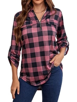 Stjubileens St. Jubileens Women Roll-Up 3/4 Sleeve Plaid Shirt Tunic V Neck Casual Pullover Blouses Tops