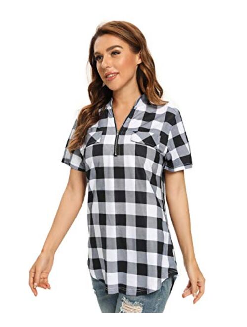 Stjubileens St. Jubileens Women Roll-Up 3/4 Sleeve Plaid Shirt Tunic V Neck Casual Pullover Blouses Tops