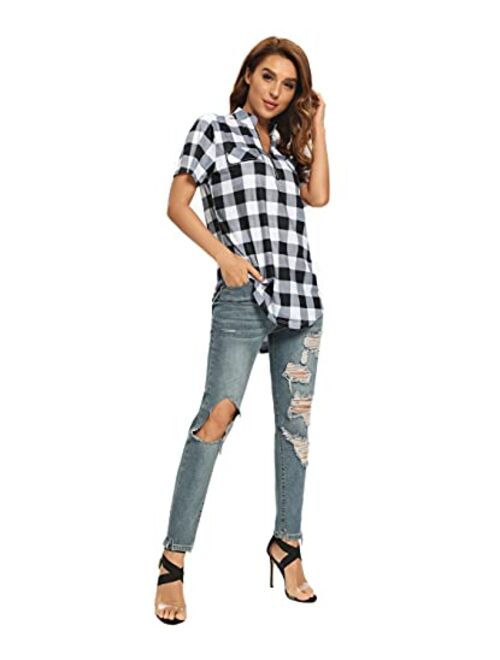 Stjubileens St. Jubileens Women Roll-Up 3/4 Sleeve Plaid Shirt Tunic V Neck Casual Pullover Blouses Tops