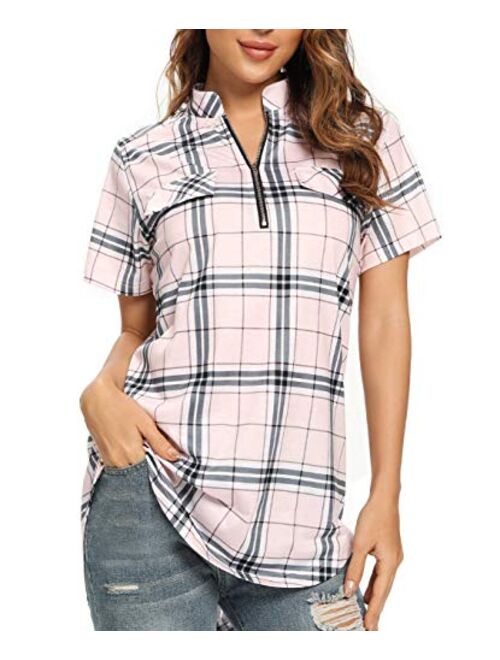 Stjubileens St. Jubileens Women Roll-Up 3/4 Sleeve Plaid Shirt Tunic V Neck Casual Pullover Blouses Tops