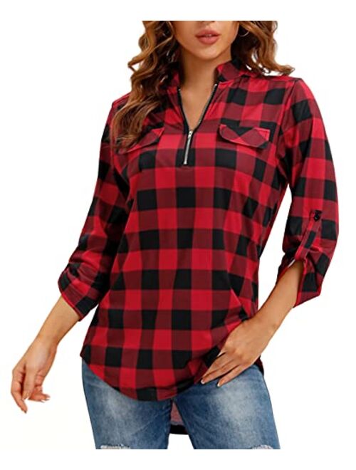 Stjubileens St. Jubileens Women Roll-Up 3/4 Sleeve Plaid Shirt Tunic V Neck Casual Pullover Blouses Tops