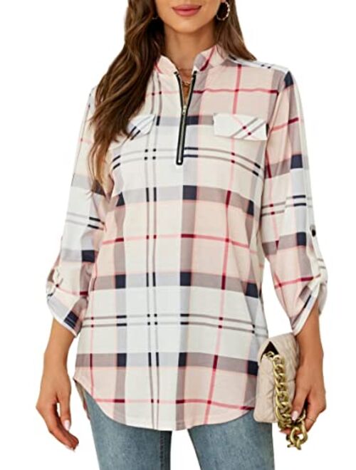 Stjubileens St. Jubileens Women Roll-Up 3/4 Sleeve Plaid Shirt Tunic V Neck Casual Pullover Blouses Tops