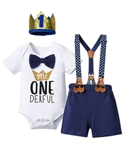 DONWEN Baby Boy First Birthday Outfit Mr Onederful Bowtie Romper + Suspender Shorts+ Party Hat Cake Smash Outfits