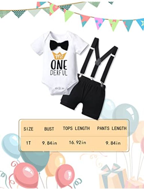 DONWEN Baby Boy First Birthday Outfit Mr Onederful Bowtie Romper + Suspender Shorts+ Party Hat Cake Smash Outfits