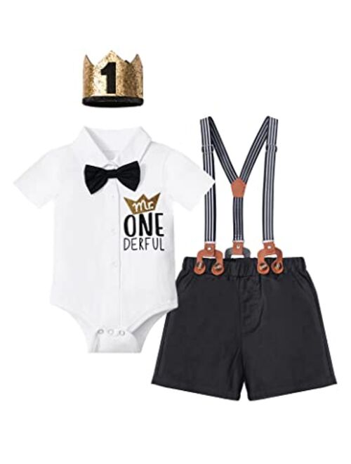 DONWEN Baby Boy First Birthday Outfit Mr Onederful Bowtie Romper + Suspender Shorts+ Party Hat Cake Smash Outfits