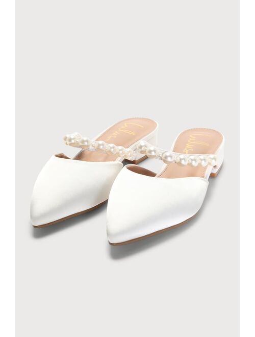 Lulus Hershie White Satin Pearl Pointed-Toe Mule Slides