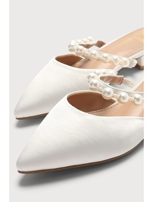 Lulus Hershie White Satin Pearl Pointed-Toe Mule Slides