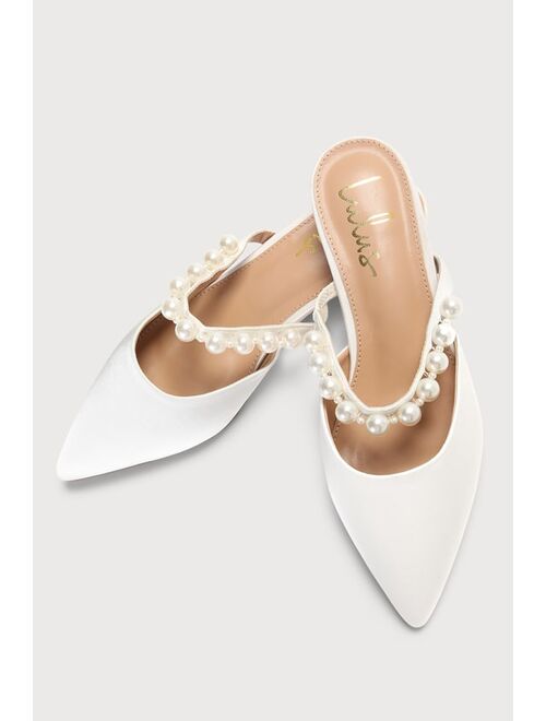 Lulus Hershie White Satin Pearl Pointed-Toe Mule Slides