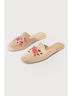 Maggy Light Nude Velvet Embroidered Square-Toe Loafer Slides