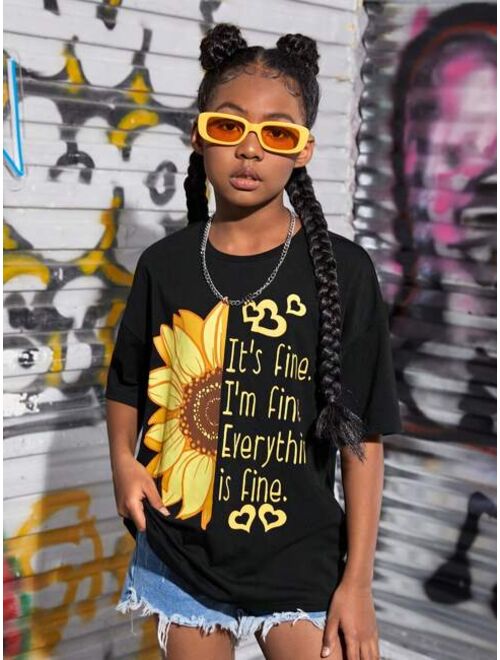 SHEIN Kids Cooltwn Girls Slogan Sunflower Print Drop Shoulder Tee