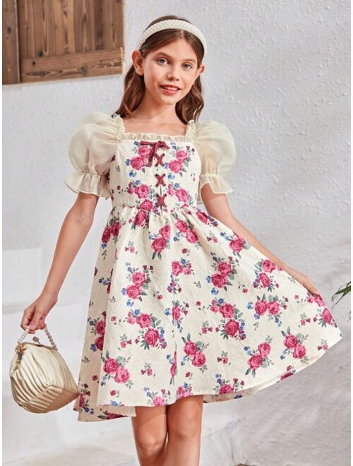 SHEIN Tween Girl Floral Print Puff Sleeve Frill Trim Lace Up Front Dress