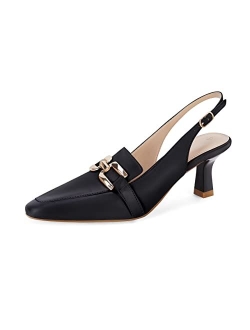 Womens Kitten Heels Slingback Closed Pointed Toe Dress Shoes Metal Chain Buckle Elegant Pumps