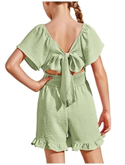 Girls Summer Jumpsuits Tie Back Off Shoulder Short Sleeve One Piece Rompers Ruffle Smocked Casual Shorts Outfits