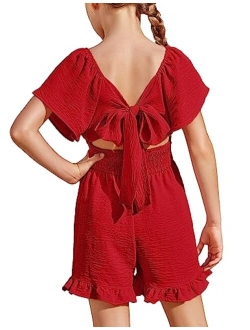 Girls Summer Jumpsuits Tie Back Off Shoulder Short Sleeve One Piece Rompers Ruffle Smocked Casual Shorts Outfits