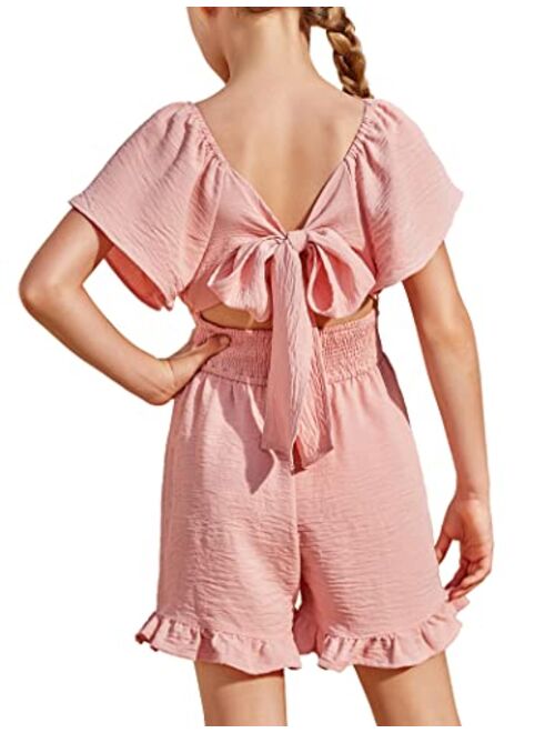 Arshiner Girls Summer Jumpsuits Tie Back Off Shoulder Short Sleeve One Piece Rompers Ruffle Smocked Casual Shorts Outfits