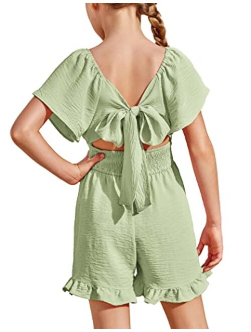 Arshiner Girls Summer Jumpsuits Tie Back Off Shoulder Short Sleeve One Piece Rompers Ruffle Smocked Casual Shorts Outfits