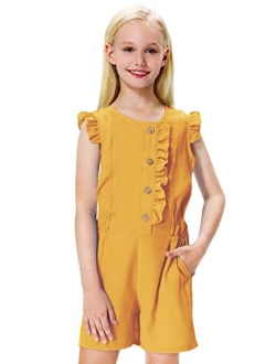 Remimi Girls Ruffled Short Rompers Summer Button Down Jumpsuit With Pockets 5-12 Years