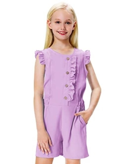 Remimi Girls Ruffled Short Rompers Summer Button Down Jumpsuit With Pockets 5-12 Years