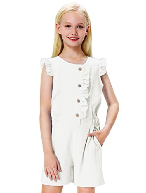 Remimi Girls Ruffled Short Rompers Summer Button Down Jumpsuit With Pockets 5-12 Years