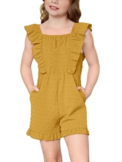 IIMMER Girls Swiss Dot Summer Romper Ruffle Trim Jumpsuit with Pockets 4-12 Years