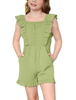 IIMMER Girls Swiss Dot Summer Romper Ruffle Trim Jumpsuit with Pockets 4-12 Years