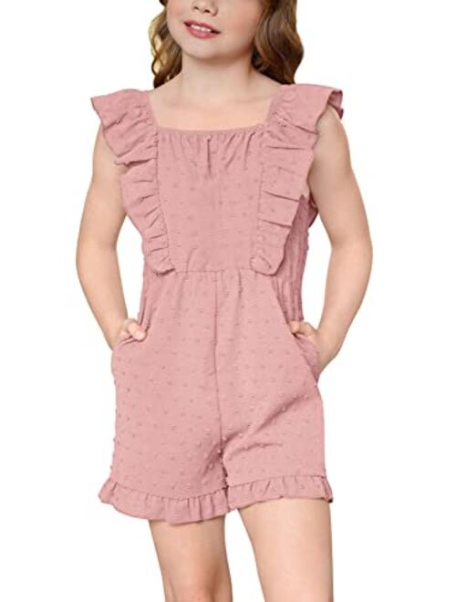 IIMMER Girls Swiss Dot Summer Romper Ruffle Trim Jumpsuit with Pockets 4-12 Years