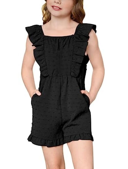 IIMMER Girls Swiss Dot Summer Romper Ruffle Trim Jumpsuit with Pockets 4-12 Years