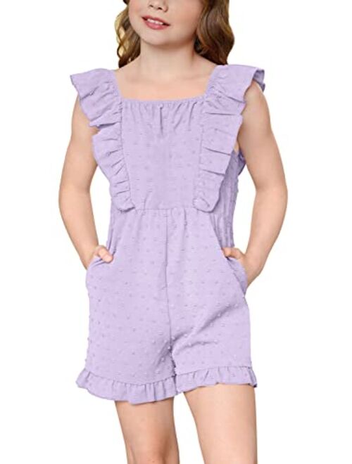 IIMMER Girls Swiss Dot Summer Romper Ruffle Trim Jumpsuit with Pockets 4-12 Years