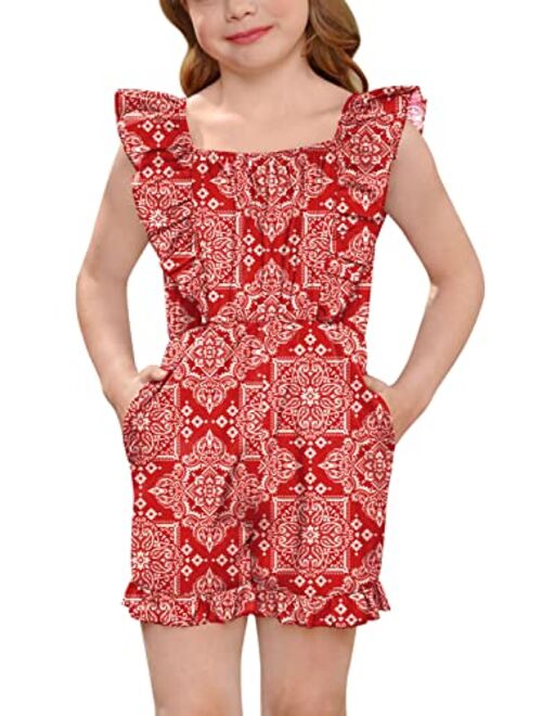 IIMMER Girls Swiss Dot Summer Romper Ruffle Trim Jumpsuit with Pockets 4-12 Years