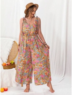 Rusttydustty Plus Floral Print Tie Shoulder Wide Leg Jumpsuit