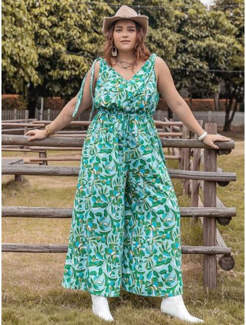 Rusttydustty Plus Floral Print Tie Shoulder Wide Leg Jumpsuit