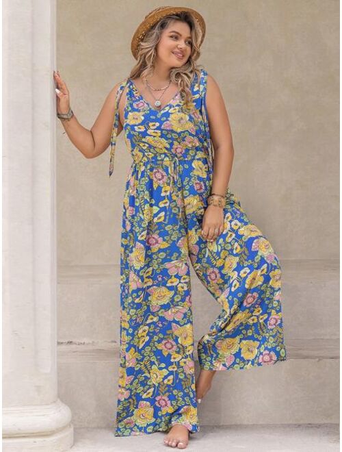 Rusttydustty Plus Floral Print Tie Shoulder Wide Leg Jumpsuit