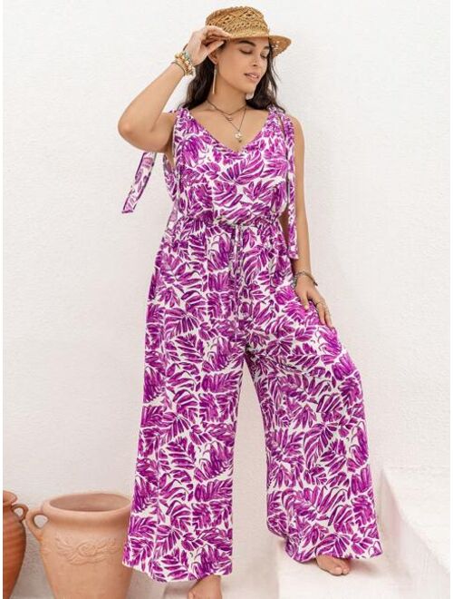 Rusttydustty Plus Floral Print Tie Shoulder Wide Leg Jumpsuit