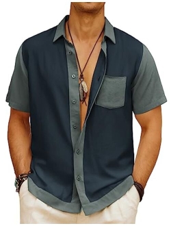 Men Contrast 70s Vintage Bowling Shirt Short Sleeve Button Down Summer Shirt