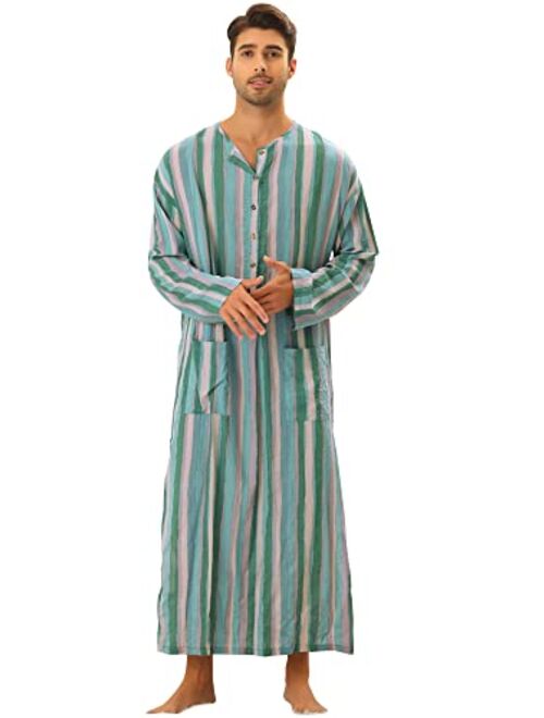 Lars Amadeus Striped Nightshirt for Men's Long Sleeves Button Down Nightgown Henley Shirts with Pockets