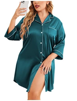 IN'VOLAND Plus Size Womens Satin Nightgown 3/4 Sleeve Sleepwear Button Down Sleepshirt Silk Nightdress for Women