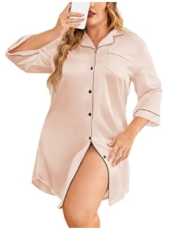 IN'VOLAND Plus Size Womens Satin Nightgown 3/4 Sleeve Sleepwear Button Down Sleepshirt Silk Nightdress for Women