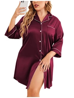 IN'VOLAND Plus Size Womens Satin Nightgown 3/4 Sleeve Sleepwear Button Down Sleepshirt Silk Nightdress for Women